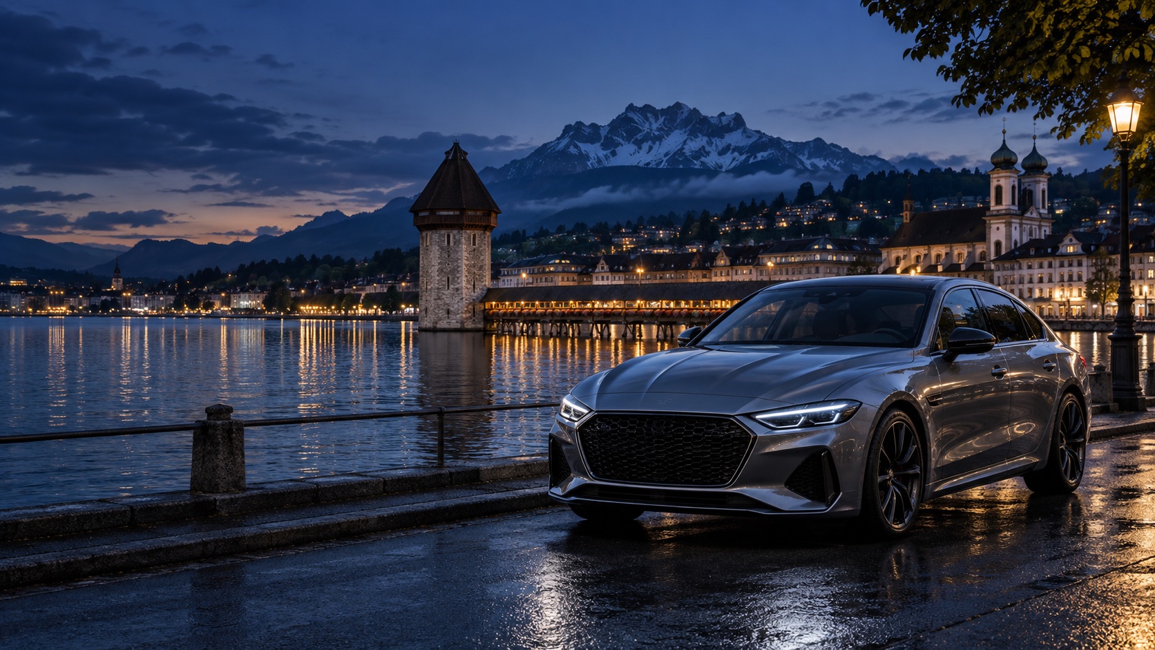Silberne Limousine vor einer KI-inszenierten Luzerner Kulisse mit Kapellbrücke und Wasserturm