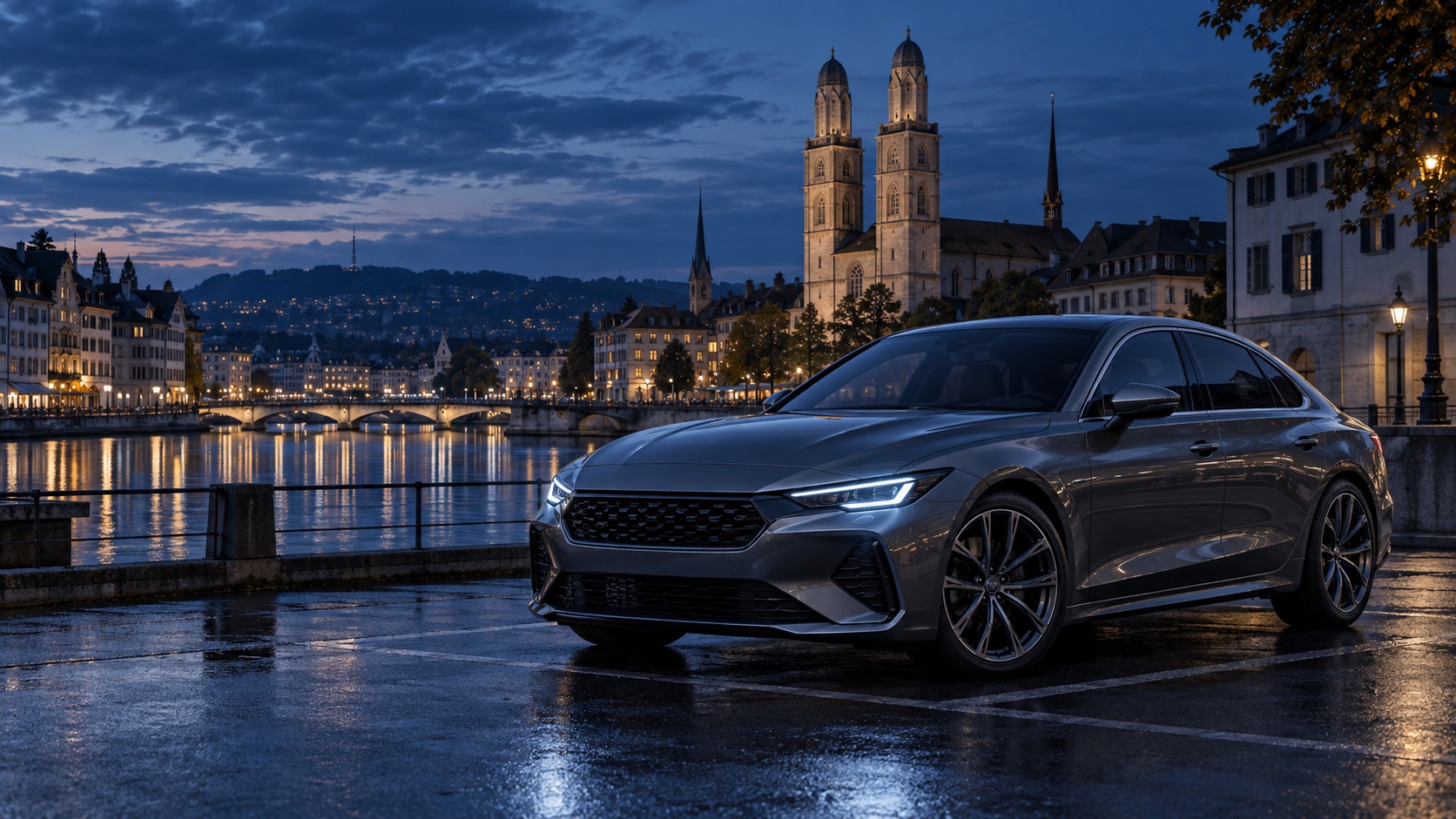 Silberne Limousine vor einer KI-inszenierten Zürcher Kulisse mit Limmat und Grossmünster
