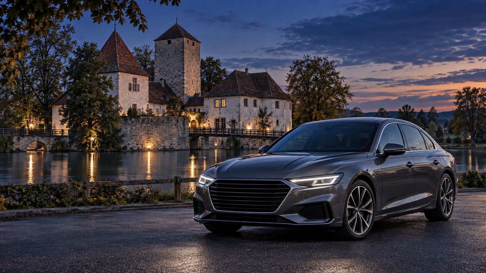 Silberne Limousine vor einer KI-Illustration von Schloss Hallwyl im Aargau
