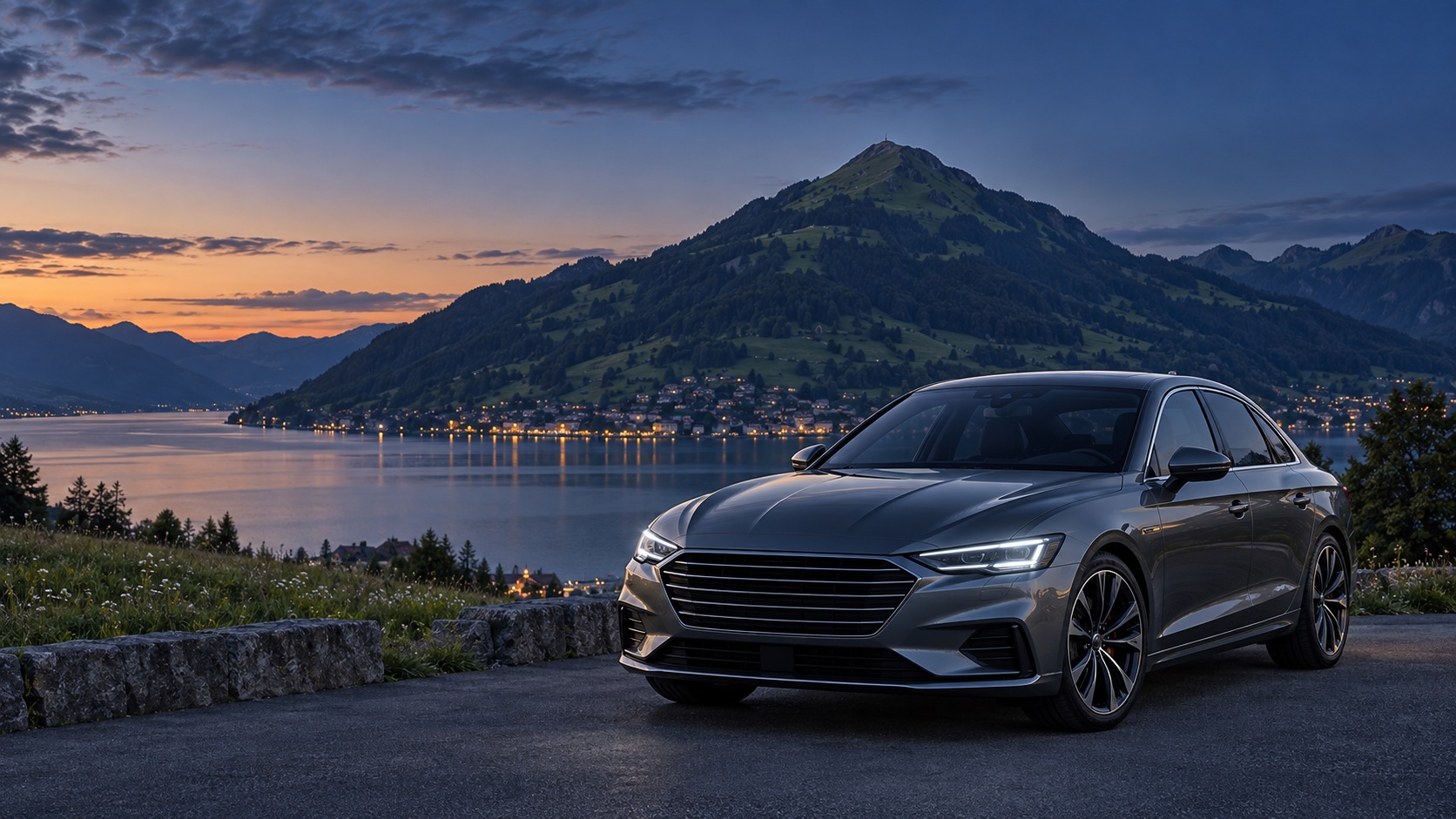 Silberne Limousine vor einer KI-Illustration von Buochs und Buochserhorn in Nidwalden