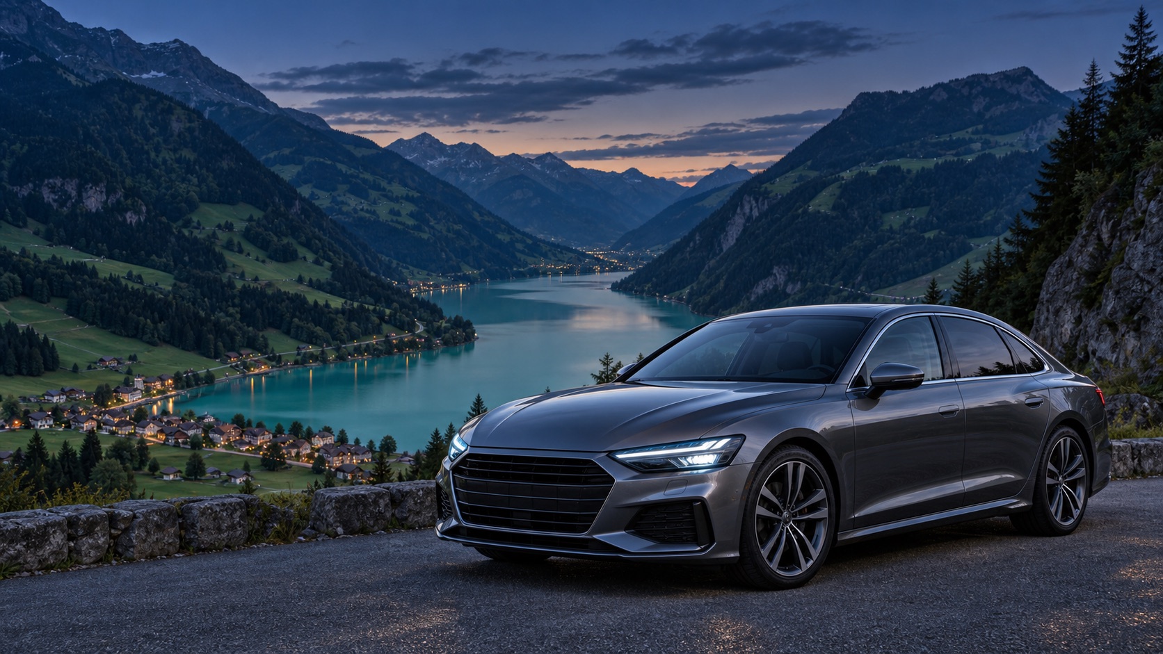 Silberne Limousine vor einer KI-Illustration des Lungerersees in Obwalden