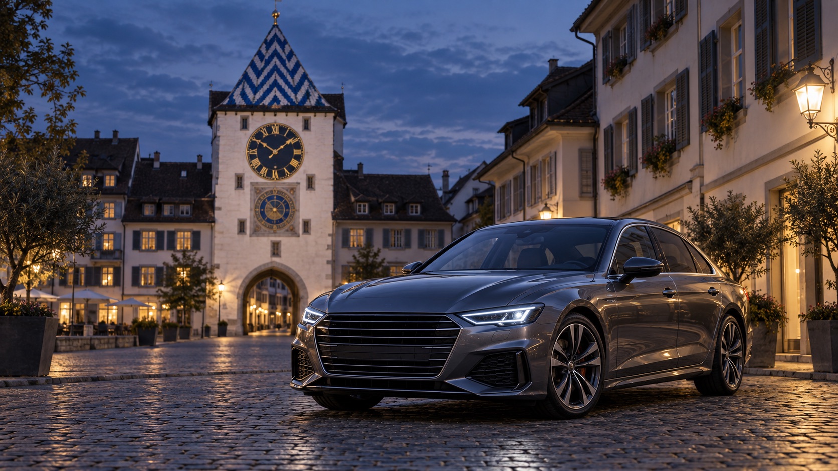 Silberne Limousine vor einer KI-Illustration des Zuger Zytturms